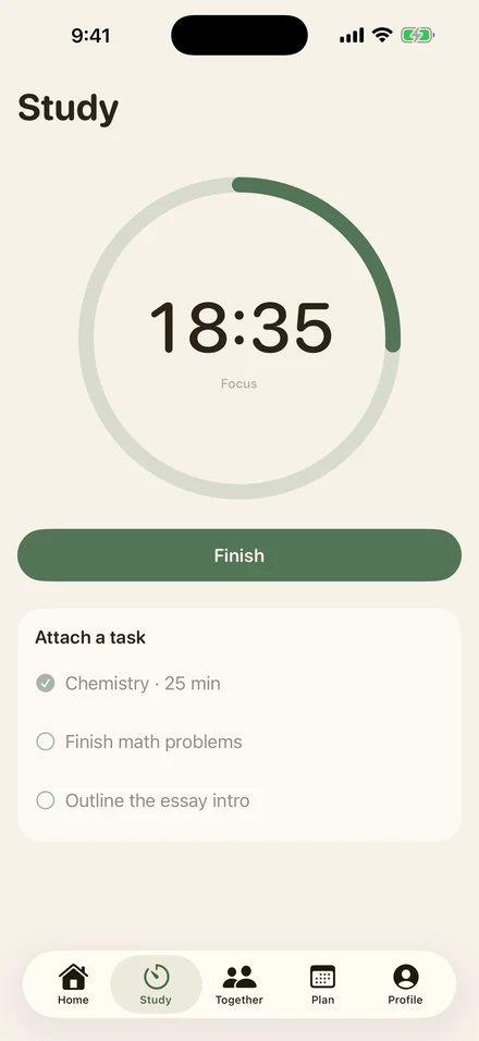 Kotsumi focus timer running with an attached Chemistry task