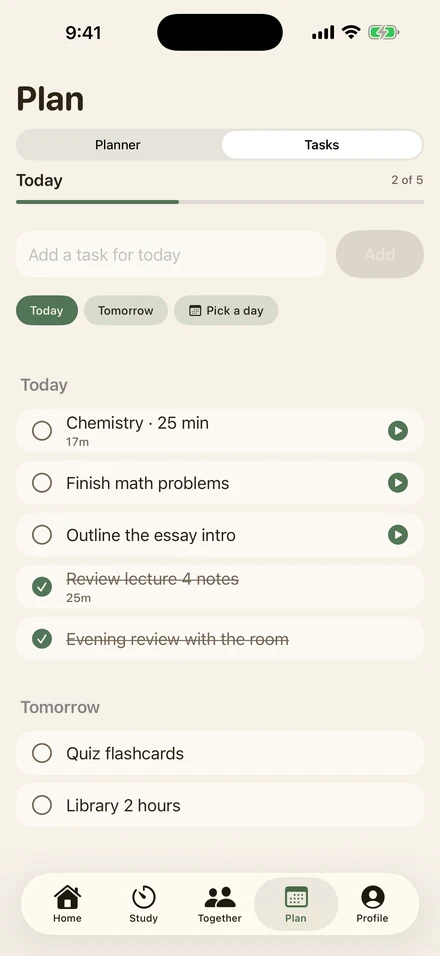 Kotsumi's daily task list with completed and upcoming study tasks