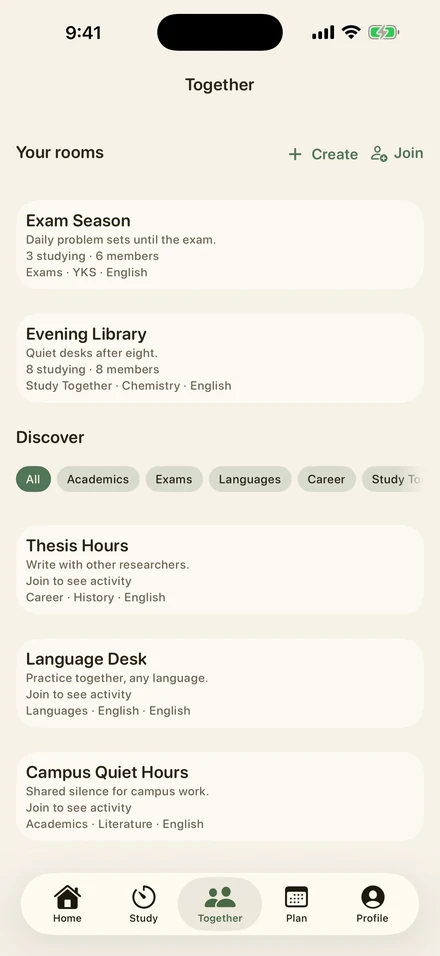 Together screen with joined study rooms and room discovery