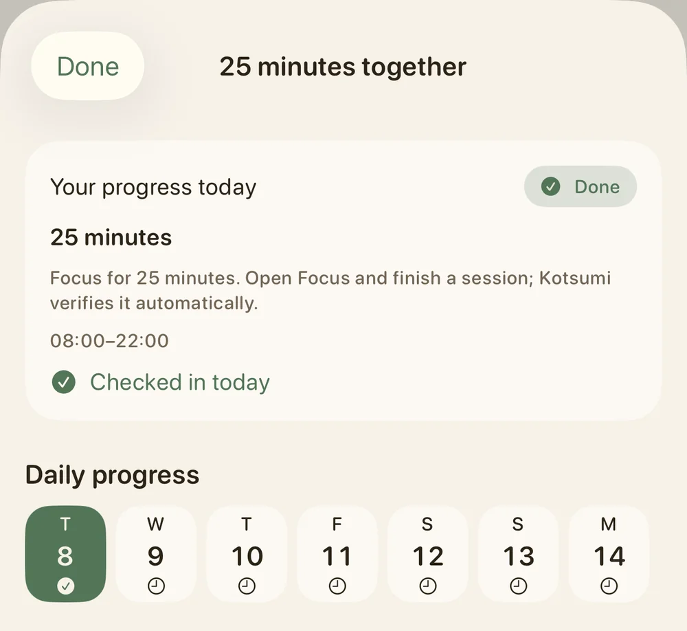 Real Kotsumi challenge detail: 25 minutes together, checked in today, and a seven-day progress strip