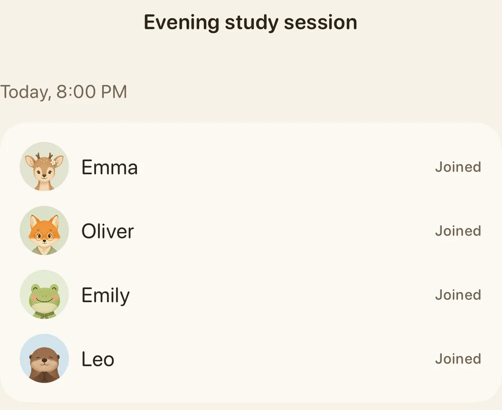 Real Group Focus detail showing an evening study session and four joined participants