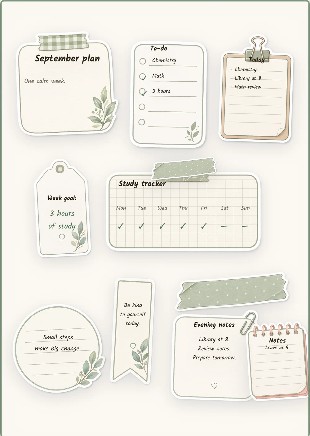 Enlarged detail of a real Kotsumi notebook: a September study plan, task lists, and botanical stickers